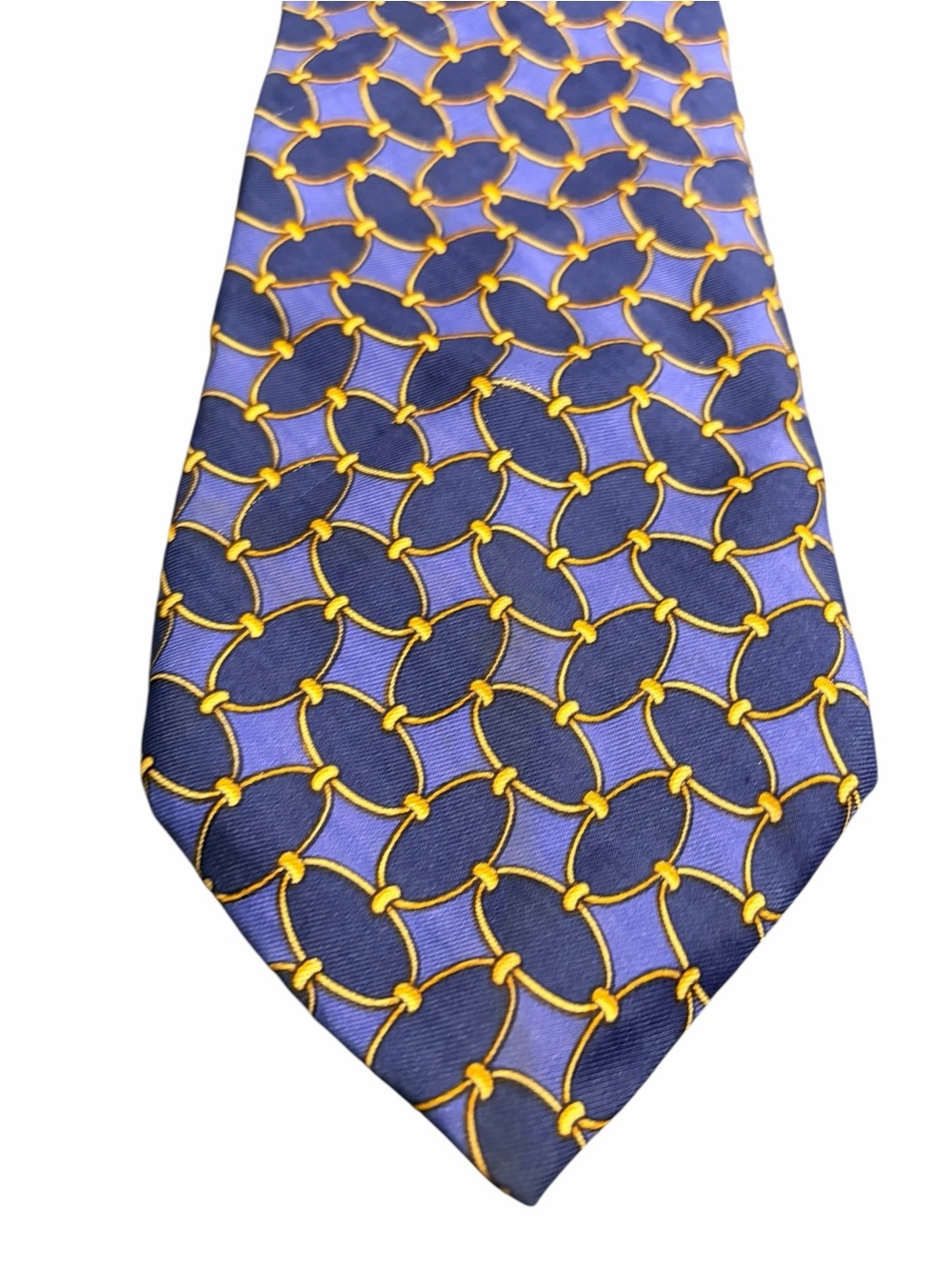 Brooks Brothers Blue and Navy Silk Tie with Yellow Link Pattern